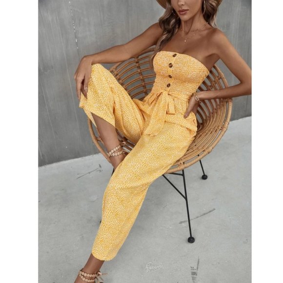 . Pants - Yellow Boho Womens Allover Print Pocket Side Belted Tube Jumpsuit
